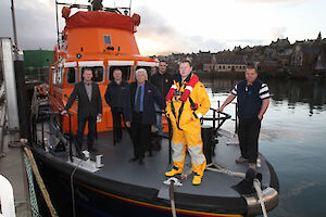 From left to right: Leask Marine managing director Douglas Leask, EMEC operations manager Graham Bleakley, RNLI lifeboat operations manager Stewart Taylor, Scotmarine Ltd CEO / managing director Barry Johnston, RNLI mechanic John Davidson, and Aquatera managing director Gareth Davies.