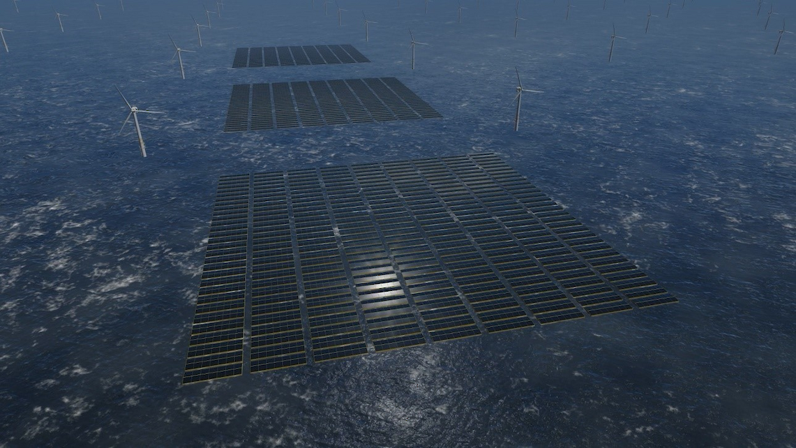 Three 150MW offshore solar standard formats in-between offshore wind turbines