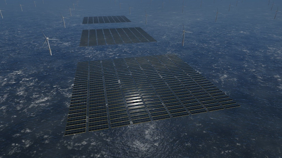 Three 150MW offshore solar standard formats in-between offshore wind turbines